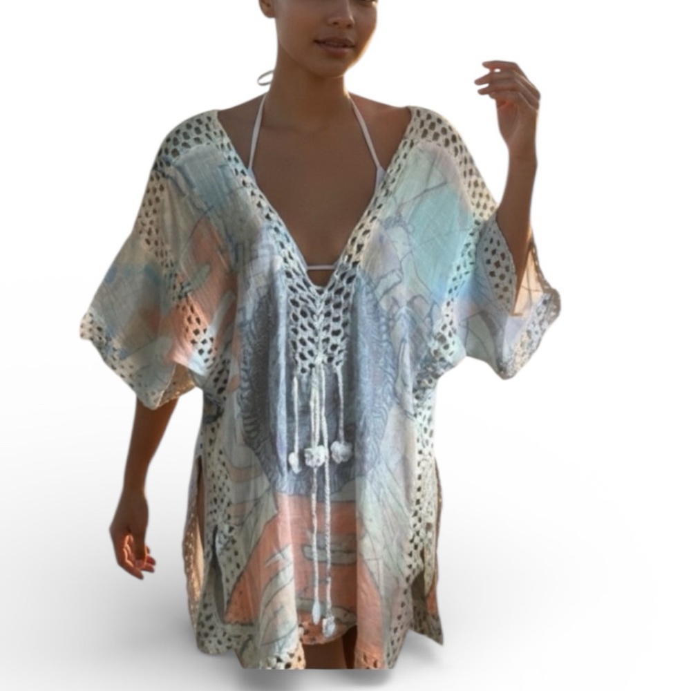 Rino & Pelle Crochet Trimmed Coverup with V neck in Peach Pastel Size S